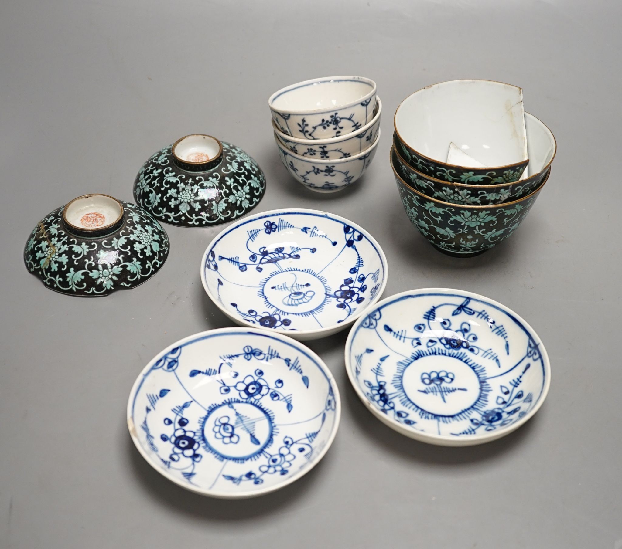 A 19th century Chinese black ground porcelain bowls and two covers, together with an three onion pattern blue and white tea bowls and saucers a/f
